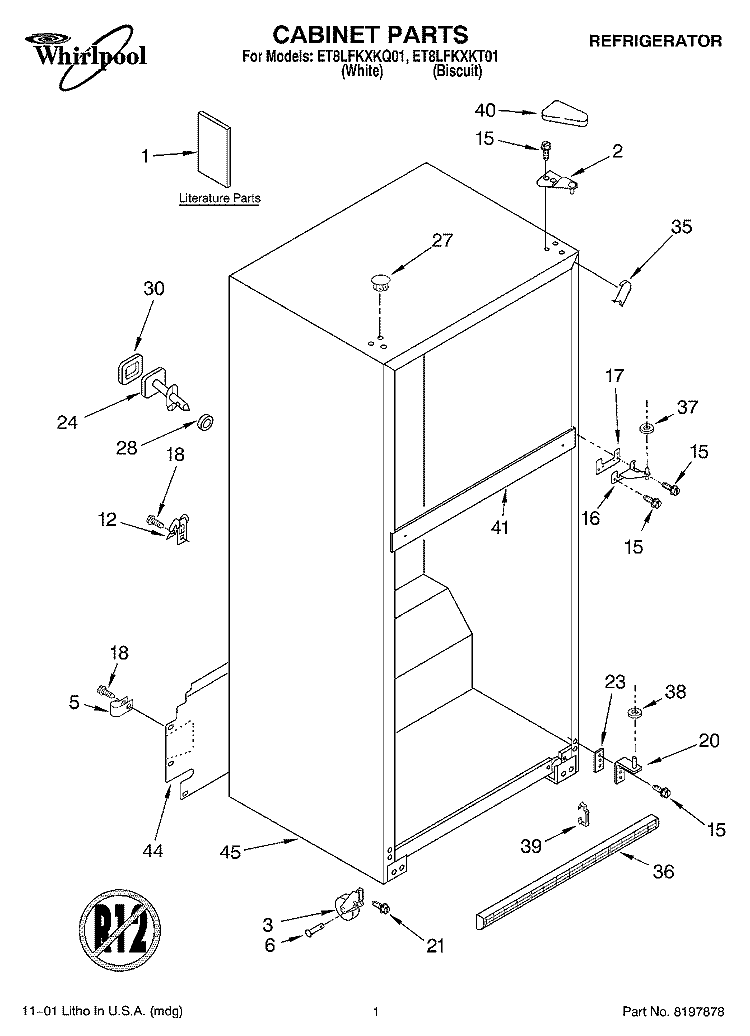 CABINET, LITERATURE Diagram and Parts List for ET8LFKXKT01  Whirlpool Refrigerator