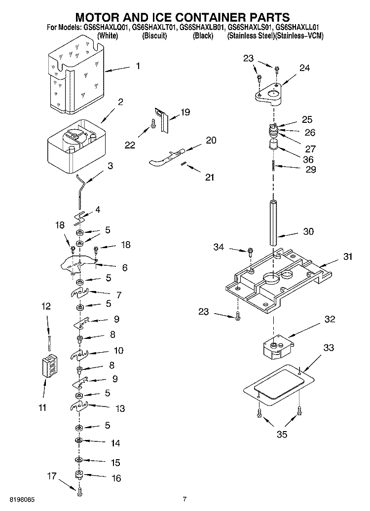 MOTOR AND ICE CONTAINER Diagram and Parts List for GS6SHAXLT01  Whirlpool Refrigerator
