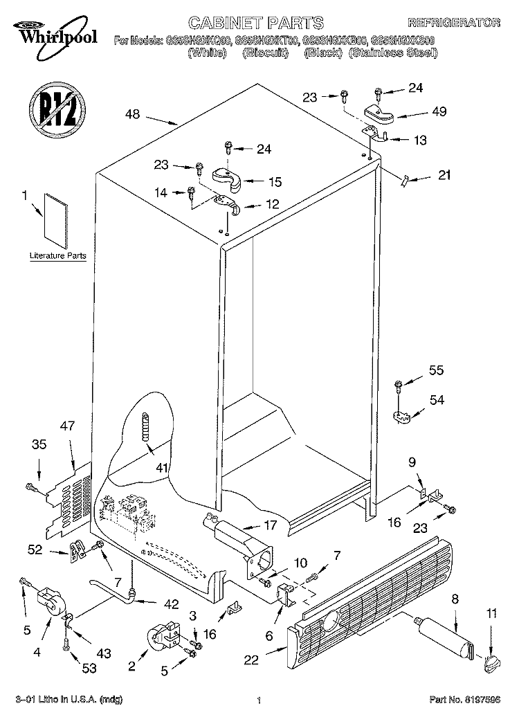 CABINET, LITERATURE Diagram and Parts List for GS5SHGXKB00  Whirlpool Refrigerator