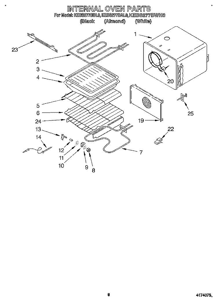 INTERNAL OVEN Diagram and Parts List for KEBS277BWH0  KitchenAid Wall Oven