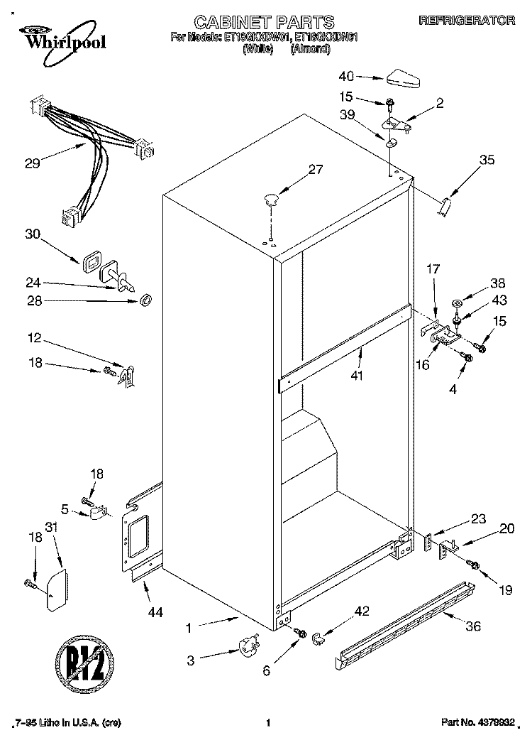 CABINET Diagram and Parts List for ET18GKXDN01  Whirlpool Refrigerator