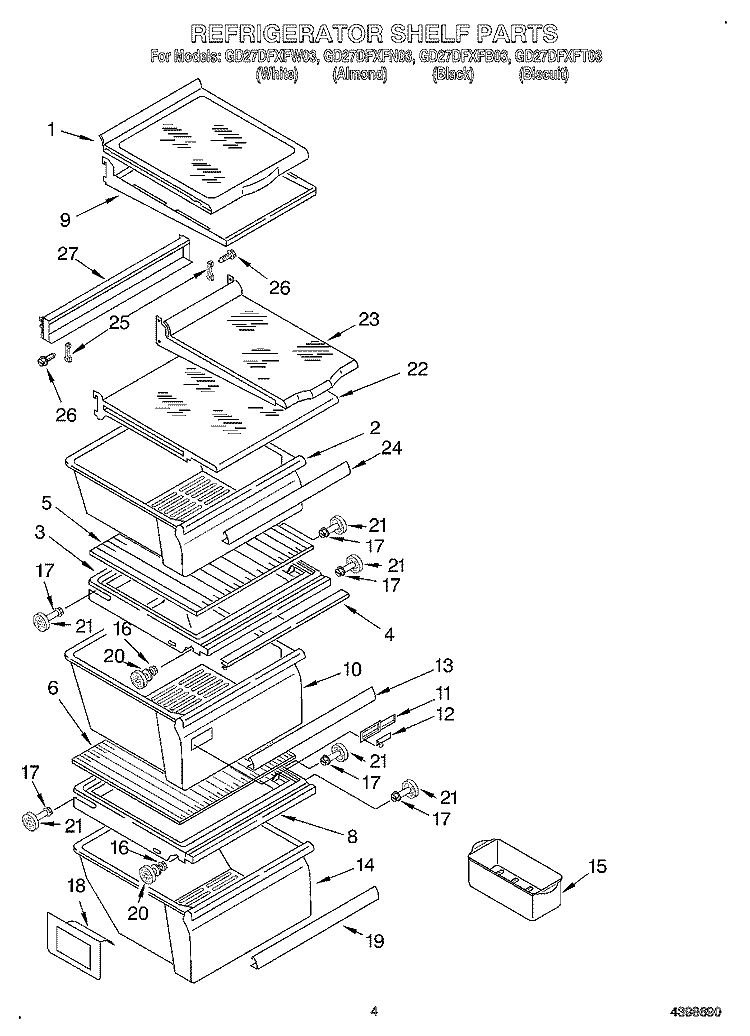 REFRIGERATOR SHELF Diagram and Parts List for GD27DFXFT03  Whirlpool Refrigerator