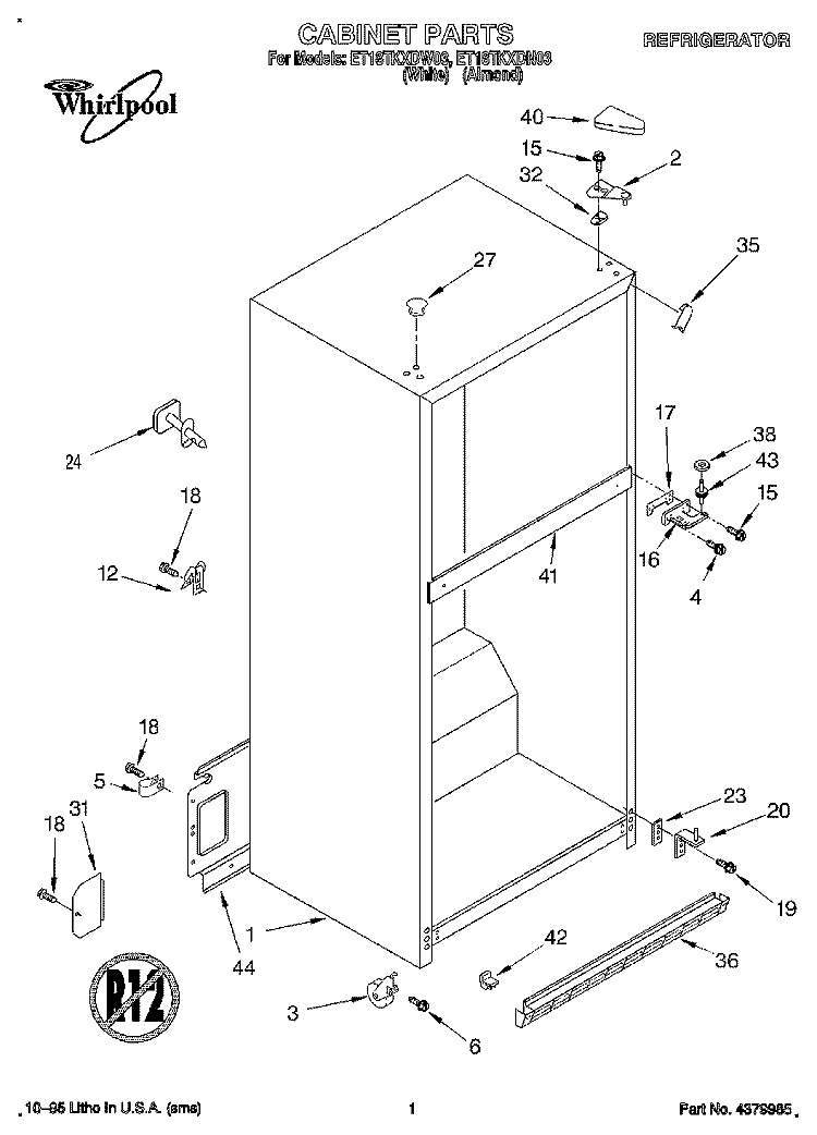 CABINET Diagram and Parts List for ET18TKXDW03  Whirlpool Refrigerator