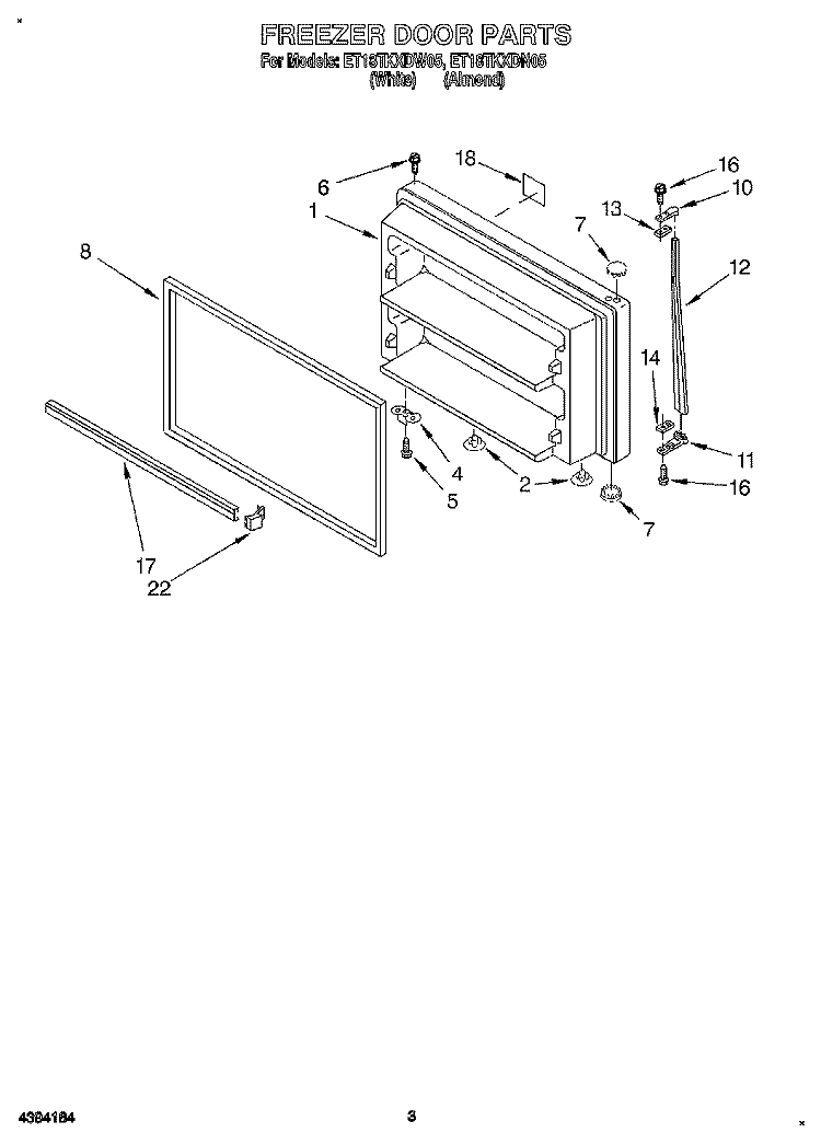 FREEZER DOOR Diagram and Parts List for ET18TKXDN05  Whirlpool Refrigerator