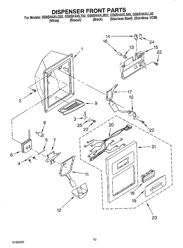 DISPENSER FRONT Diagram and Parts List for GS6SHAXLS02  Whirlpool Refrigerator