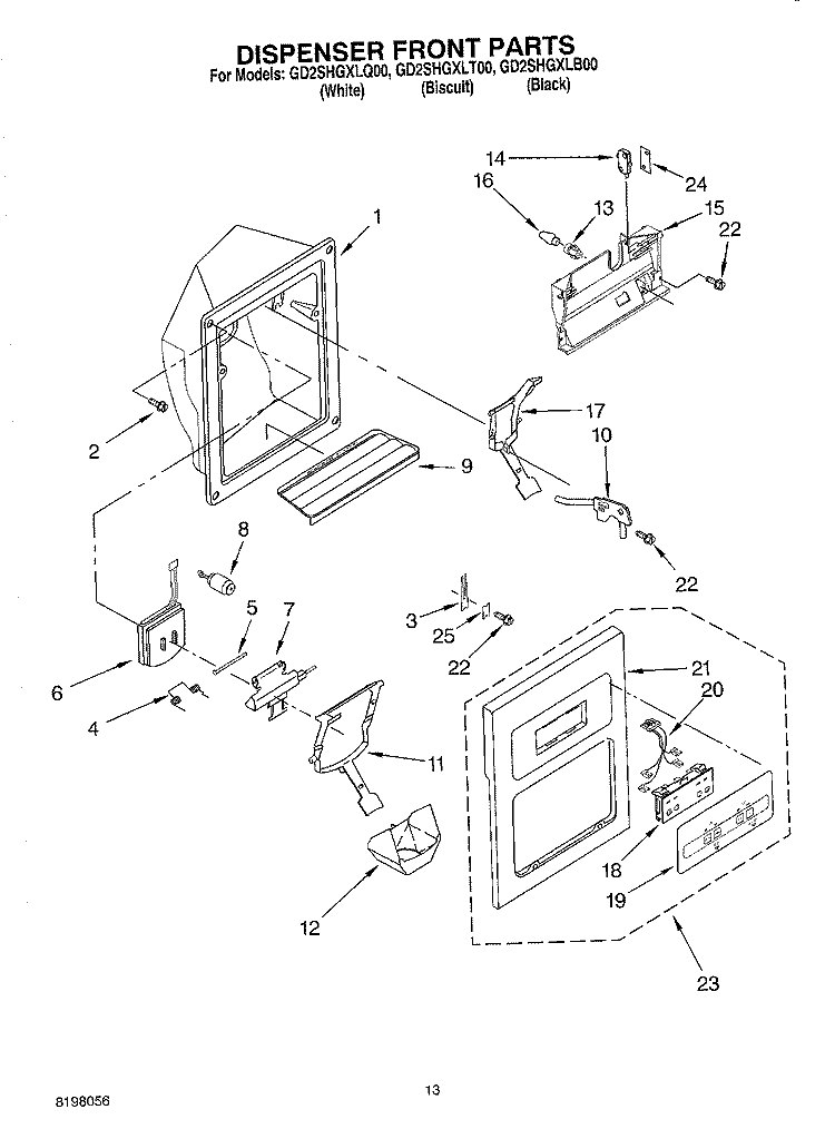 DISPENSER FRONT Diagram and Parts List for GD2SHGXLT00  Whirlpool Refrigerator