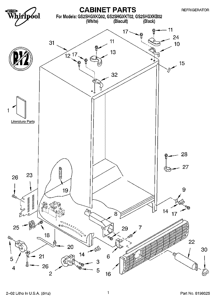 CABINET, LITERATURE Diagram and Parts List for GS2SHGXKQ02  Whirlpool Refrigerator