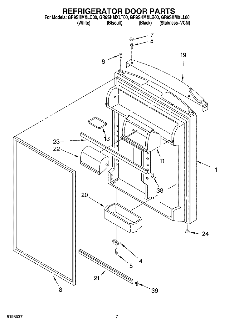 REFRIGERATOR DOOR Diagram and Parts List for GR9SHMXLT00  Whirlpool Refrigerator