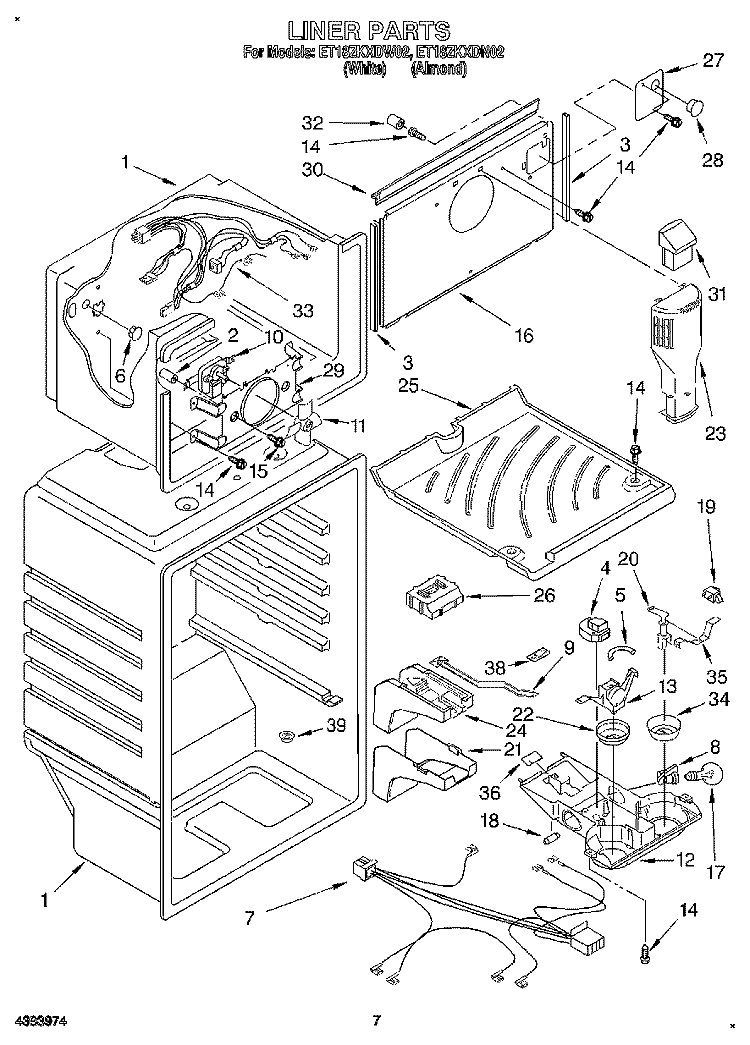 LINER Diagram and Parts List for ET18ZKXDN02  Whirlpool Refrigerator