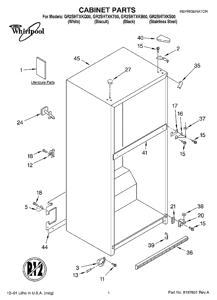 CABINET, LITERATURE Diagram and Parts List for GR2SHTXKT00  Whirlpool Refrigerator
