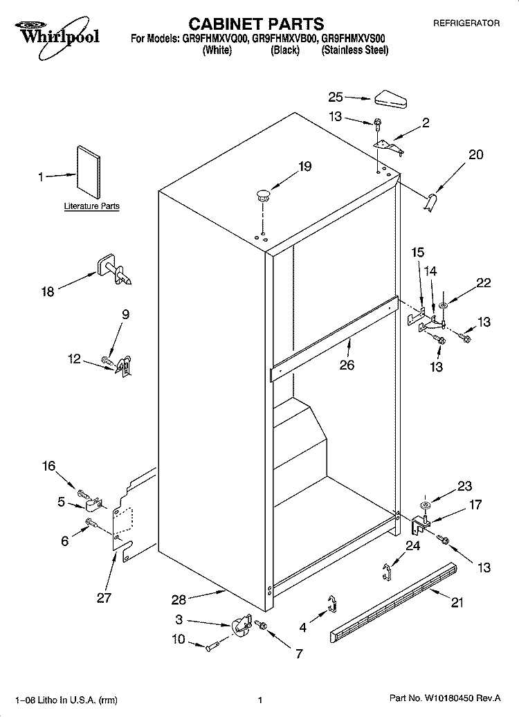 CABINET PARTS Diagram and Parts List for GR9FHMXVS00  Whirlpool Refrigerator