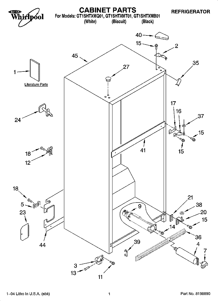CABINET PARTS Diagram and Parts List for GT1SHTXMB01  Whirlpool Refrigerator