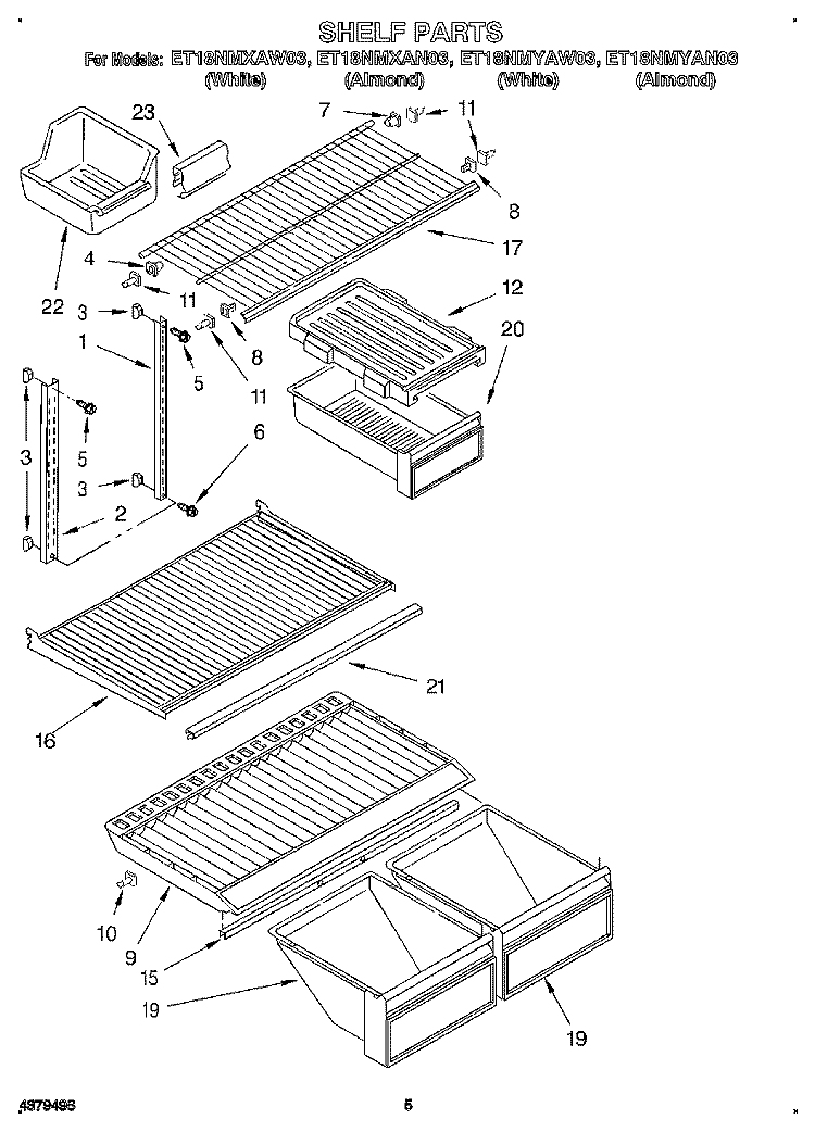 SHELF Diagram and Parts List for ET18NMXAN03  Whirlpool Refrigerator