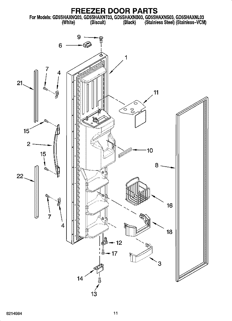 FREEZER DOOR PARTS Diagram and Parts List for GD5SHAXNL03  Whirlpool Refrigerator