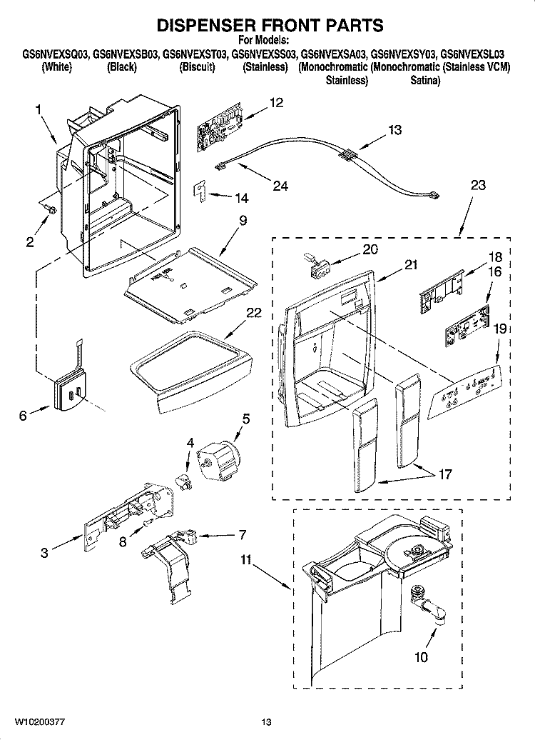 DISPENSER FRONT PARTS Diagram and Parts List for GS6NVEXSS03  Whirlpool Refrigerator