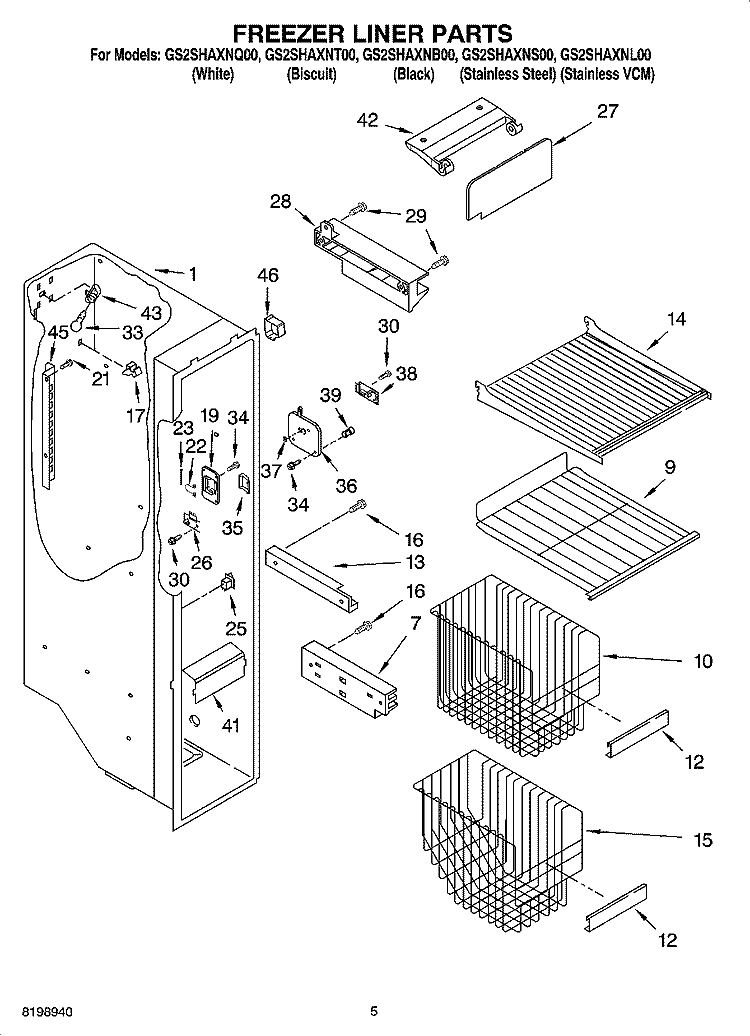 FREEZER LINER PARTS Diagram and Parts List for GS2SHAXNL00  Whirlpool Refrigerator