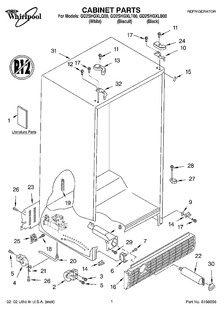 CABINET, LITERATURE Diagram and Parts List for GD2SHGXLT00  Whirlpool Refrigerator