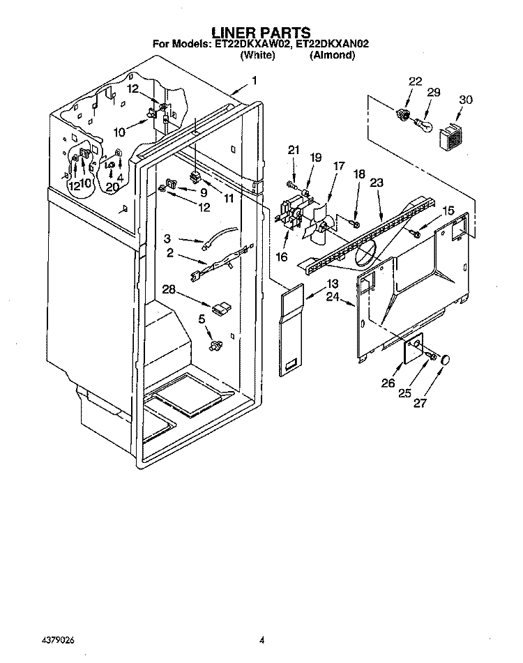 LINER Diagram and Parts List for ET22DKXAW02  Whirlpool Refrigerator