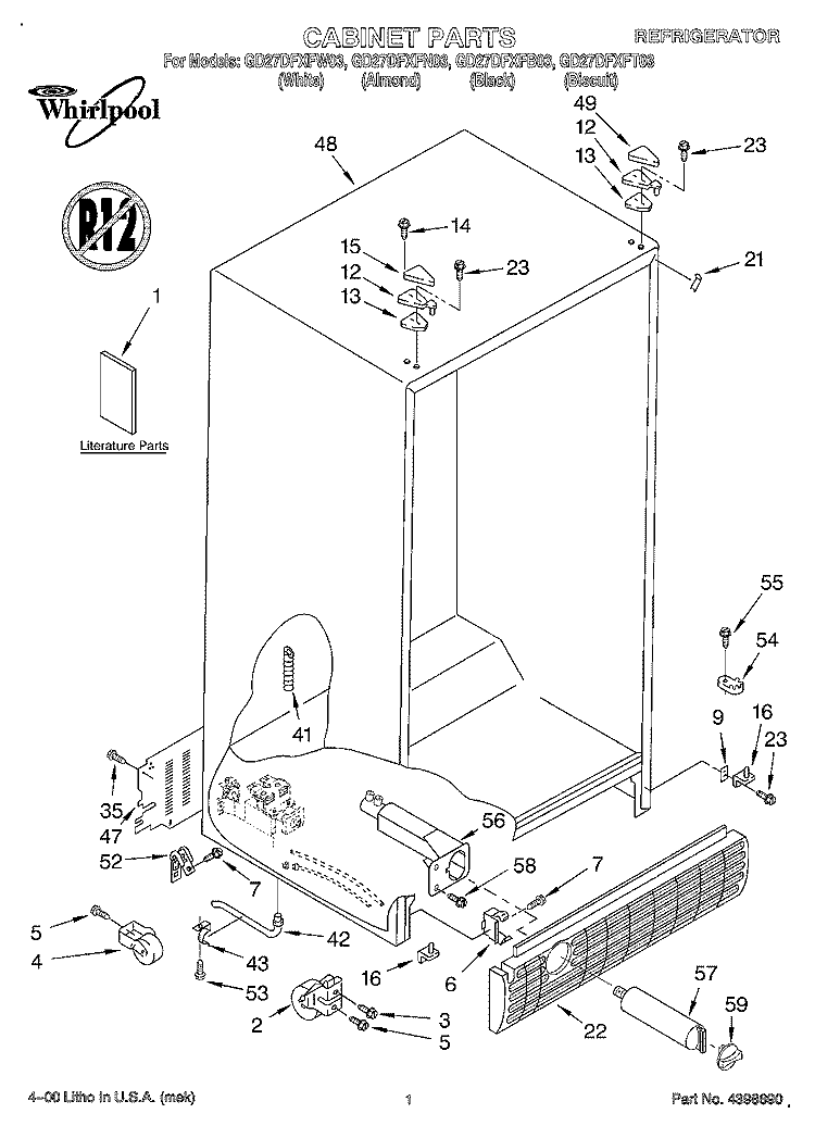 CABINET, LITERATURE Diagram and Parts List for GD27DFXFT03  Whirlpool Refrigerator