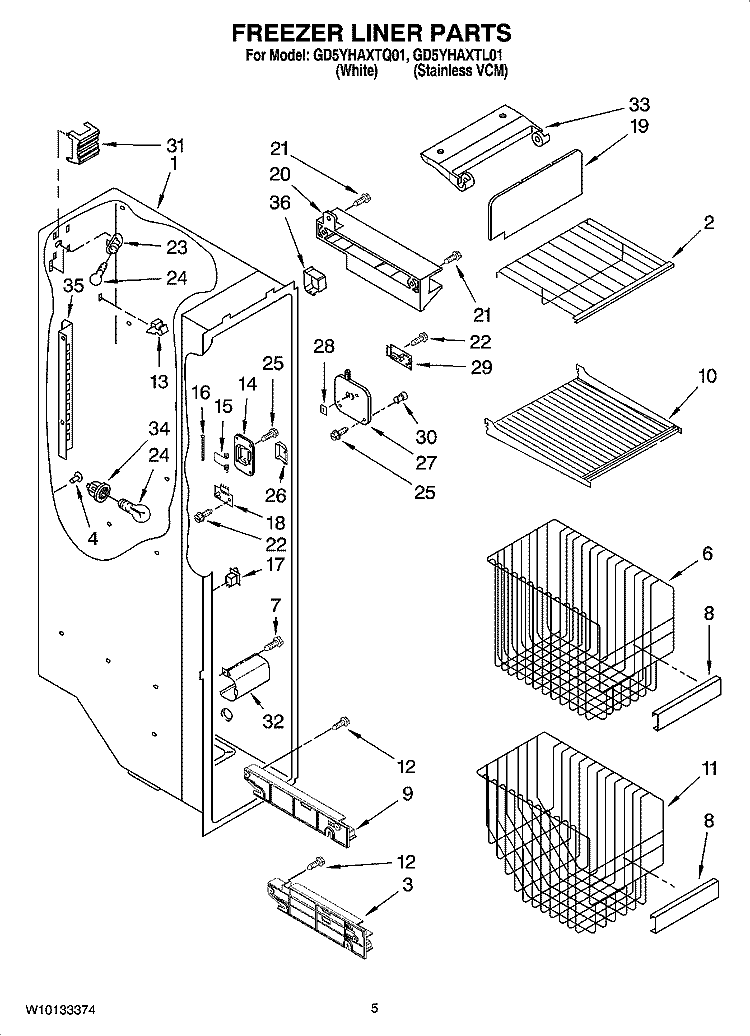 FREEZER LINER PARTS Diagram and Parts List for GD5YHAXTL01  Whirlpool Refrigerator