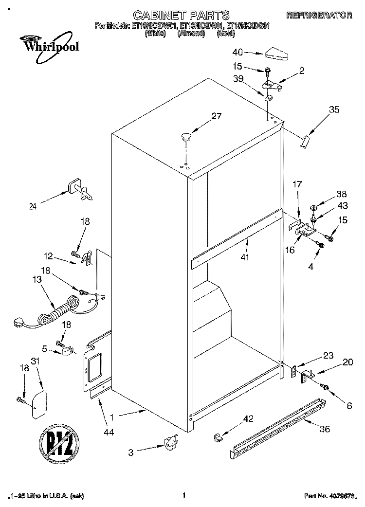 CABINET Diagram and Parts List for ET18NKXDG01  Whirlpool Refrigerator
