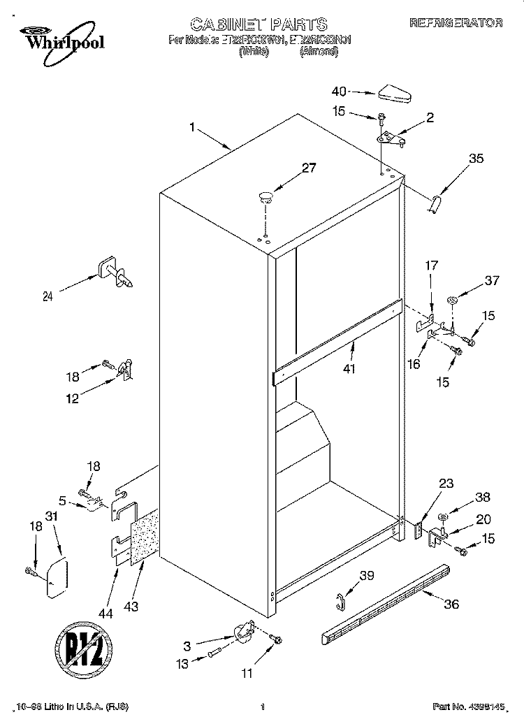 CABINET Diagram and Parts List for ET22RKXGN01  Whirlpool Refrigerator