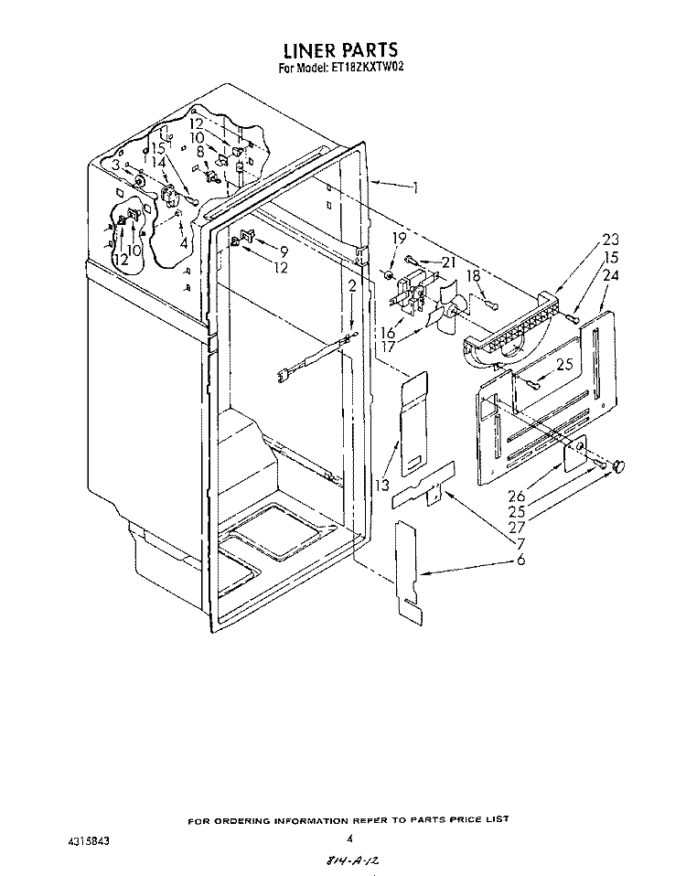 LINER Diagram and Parts List for ET18ZKXTG02  Whirlpool Refrigerator