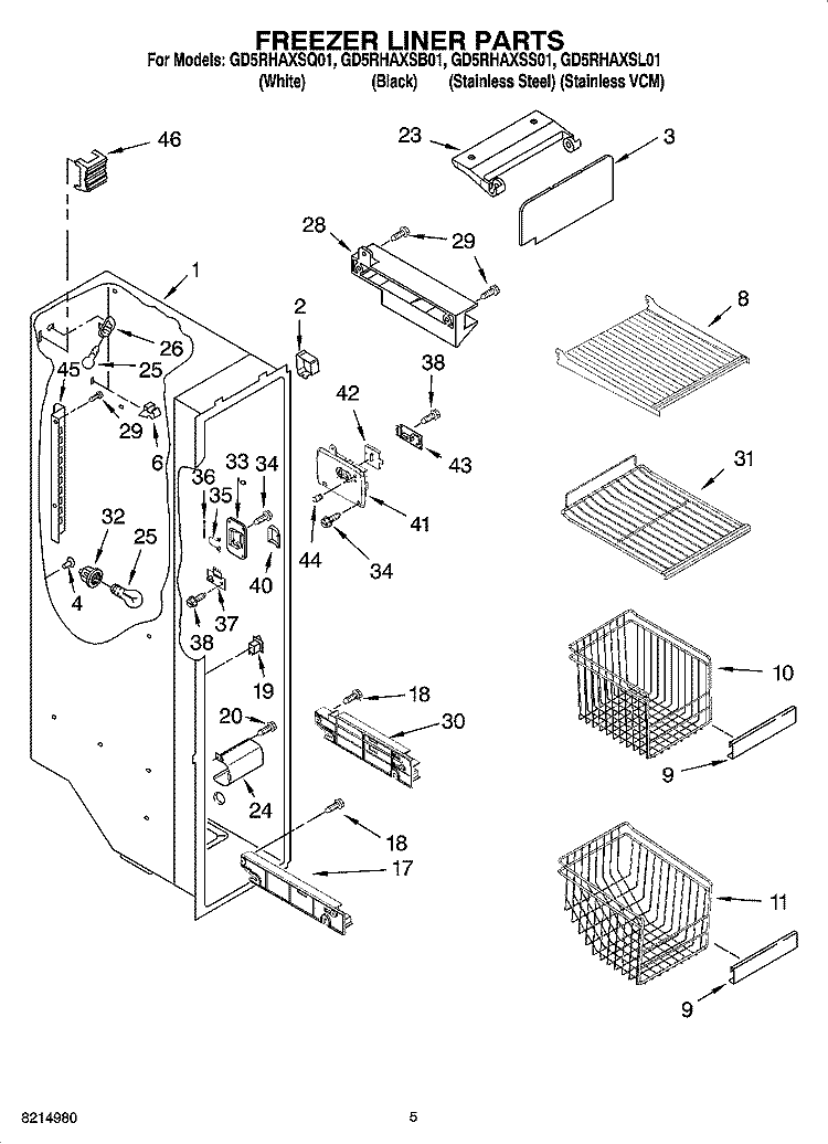 FREEZER LINER PARTS Diagram and Parts List for GD5RHAXSB01  Whirlpool Refrigerator