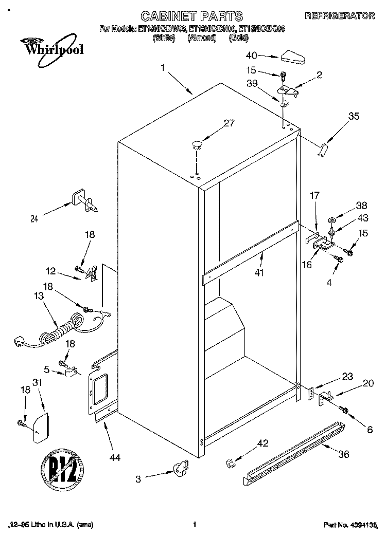 CABINET Diagram and Parts List for ET18NKXDG06  Whirlpool Refrigerator