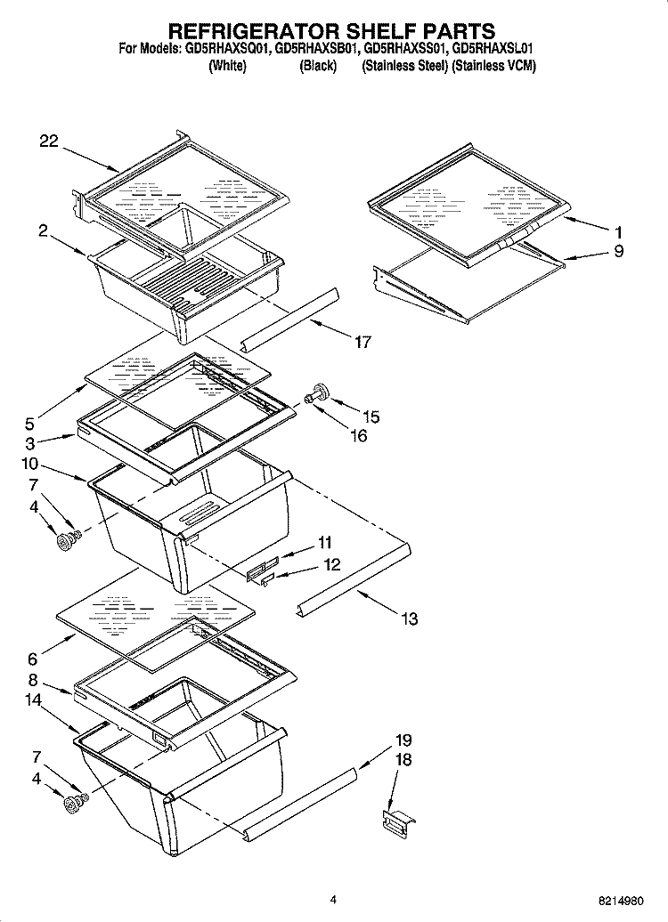 REFRIGERATOR SHELF PARTS Diagram and Parts List for GD5RHAXSB01  Whirlpool Refrigerator