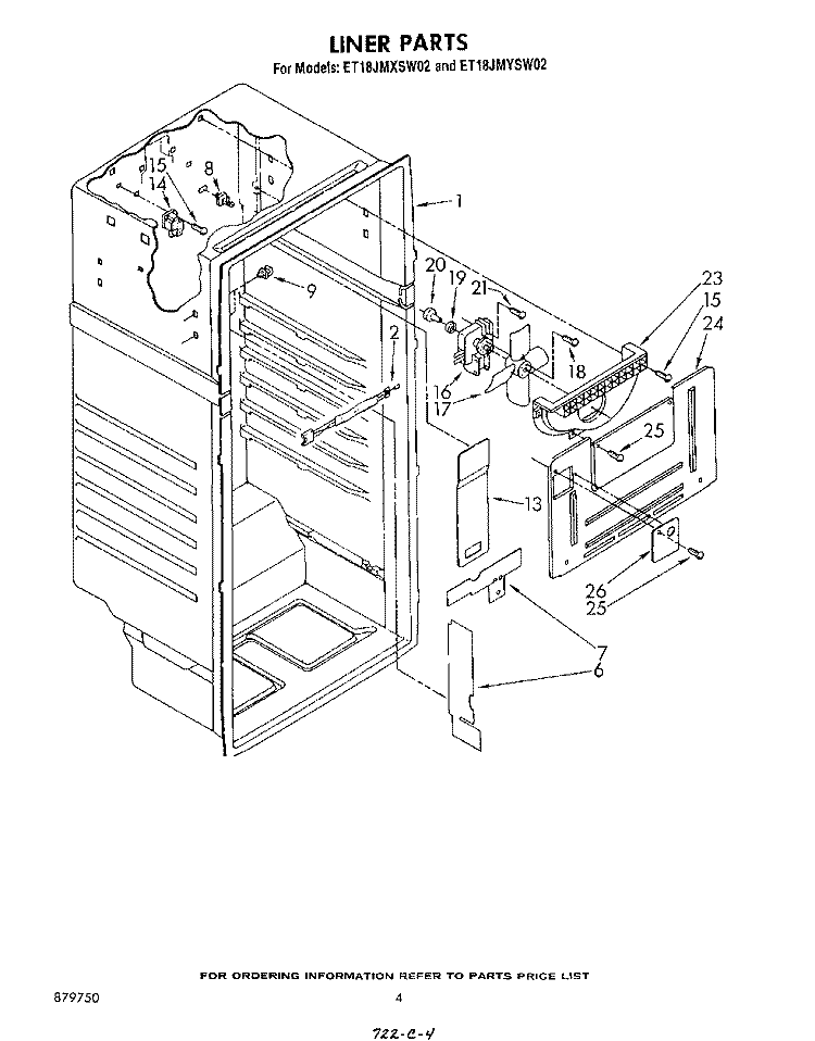 LINER Diagram and Parts List for ET18JMYSF02  Whirlpool Refrigerator