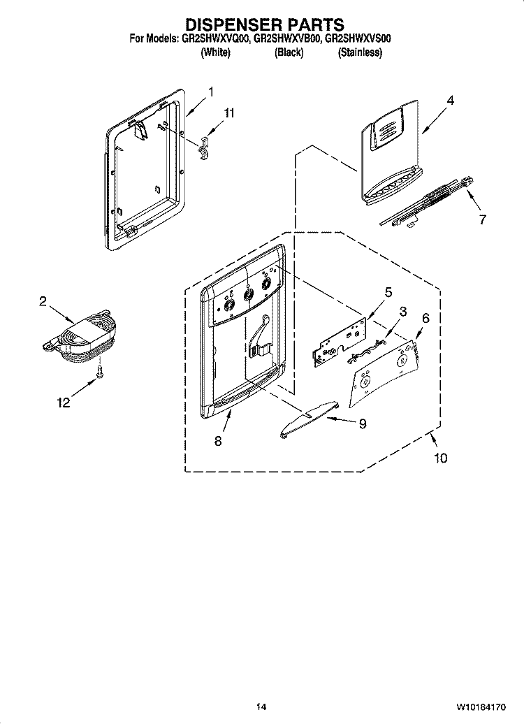 DISPENSER PARTS, OPTIONAL PARTS Diagram and Parts List for GR2SHWXVB00  Whirlpool Refrigerator