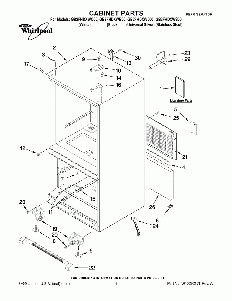 CABINET PARTS Diagram and Parts List for GB2FHDXWB00  Whirlpool Refrigerator