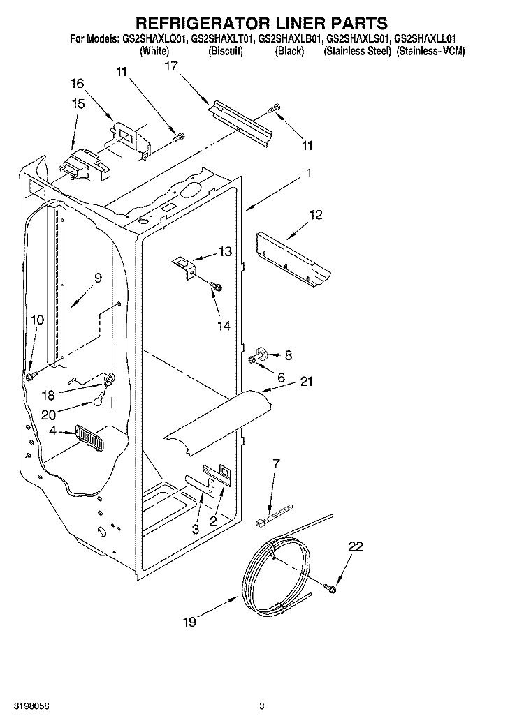 REFRIGERATOR LINER Diagram and Parts List for GS2SHAXLQ01  Whirlpool Refrigerator
