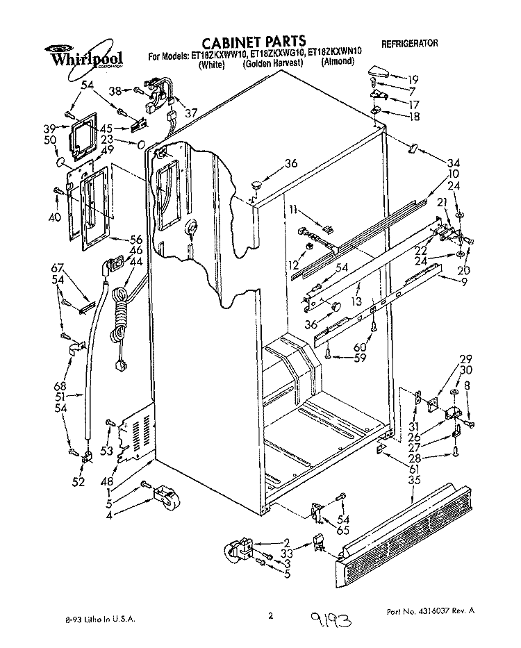 CABINET Diagram and Parts List for ET18ZKXWG10  Whirlpool Refrigerator
