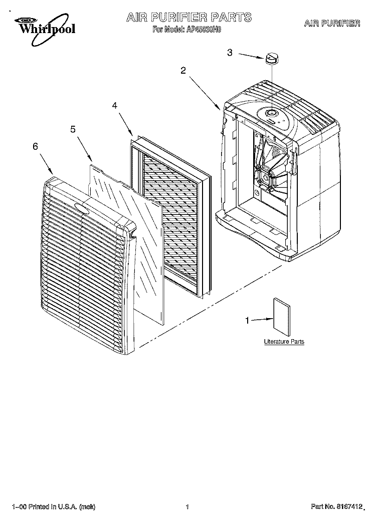 SECTION Diagram and Parts List for AP45030H0  Whirlpool Air Purifier