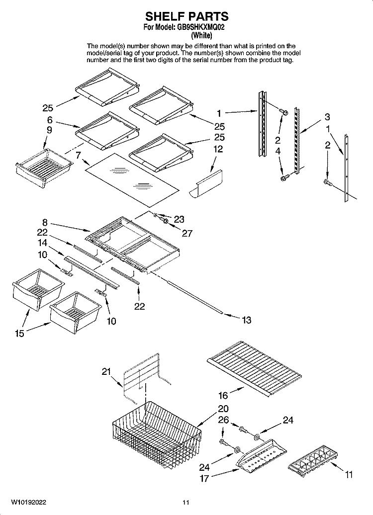 SHELF PARTS Diagram and Parts List for GB9SHKXMQ02  Whirlpool Refrigerator