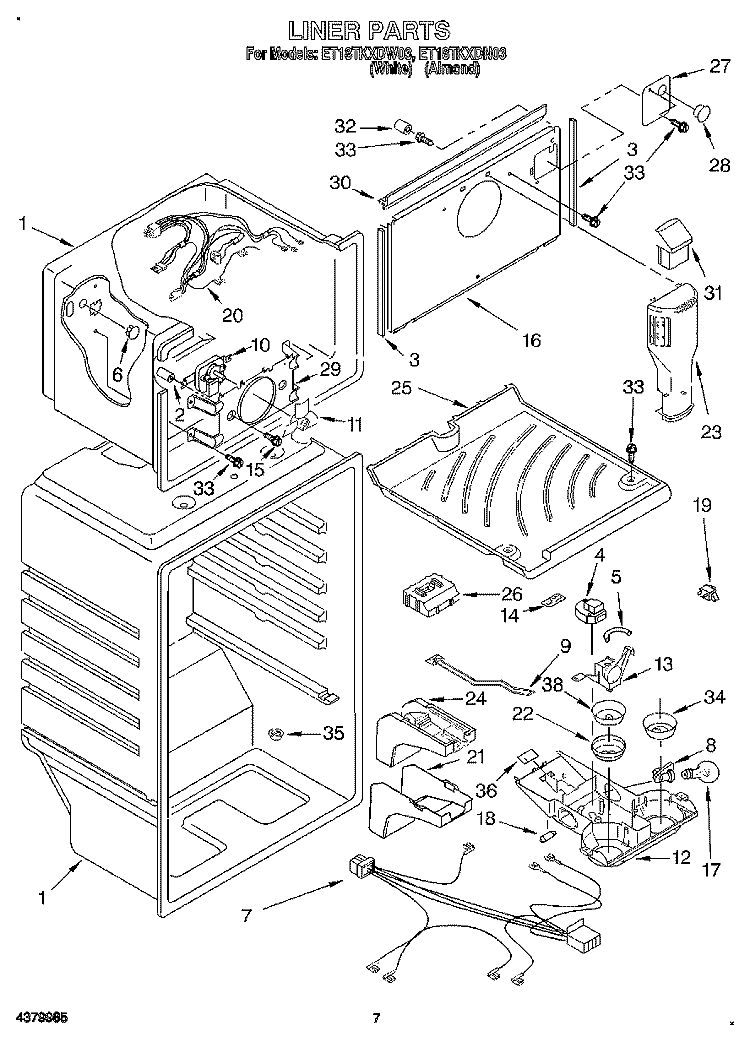 LINER Diagram and Parts List for ET18TKXDW03  Whirlpool Refrigerator