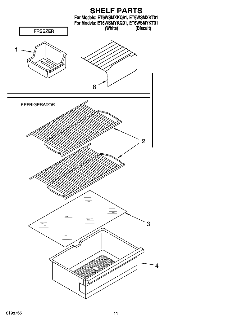 SHELF PARTS, LITERATURE AND OPTIONAL PARTS Diagram and Parts List for ET6WSMYKQ01  Whirlpool Refrigerator