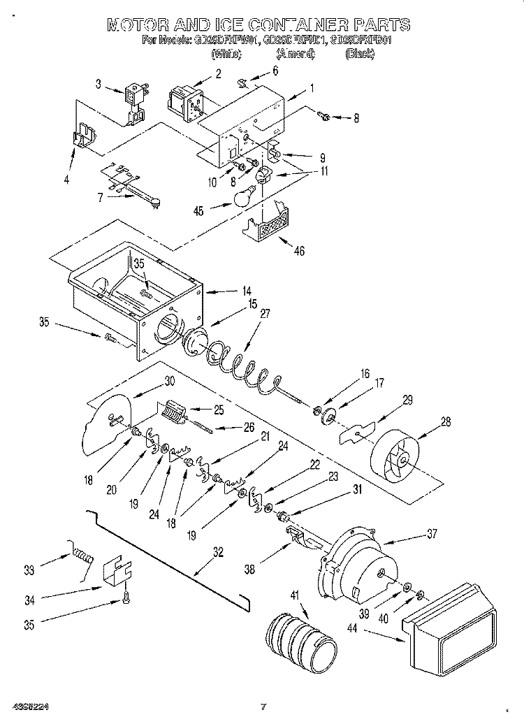 MOTOR AND ICE CONTAINER Diagram and Parts List for GD25DFXFW01  Whirlpool Refrigerator