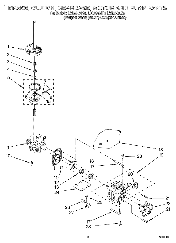 BRAKE, CLUTCH, GEARCASE, MOTOR & PUMP Diagram and Parts List for  Whirlpool Washer