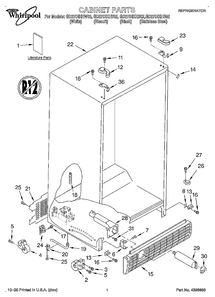 CABINET, LITERATURE Diagram and Parts List for GD27DIXHS02  Whirlpool Refrigerator
