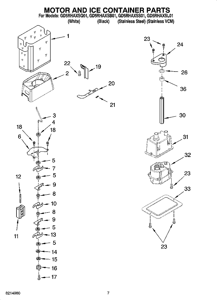 MOTOR AND ICE CONTAINER PARTS Diagram and Parts List for GD5RHAXSB01  Whirlpool Refrigerator