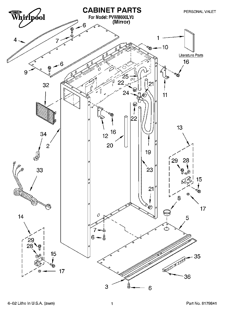 CABINET, LITERATURE Diagram and Parts List for PVWM600LY0  Whirlpool Cabinet