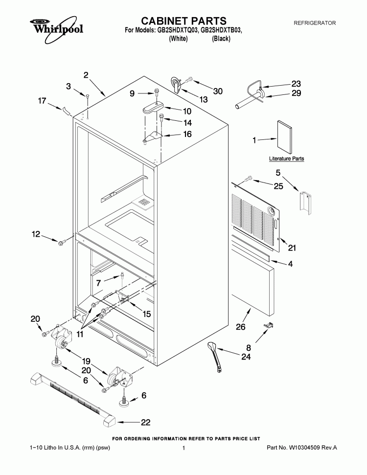 CABINET PARTS Diagram and Parts List for GB2SHDXTB03  Whirlpool Refrigerator