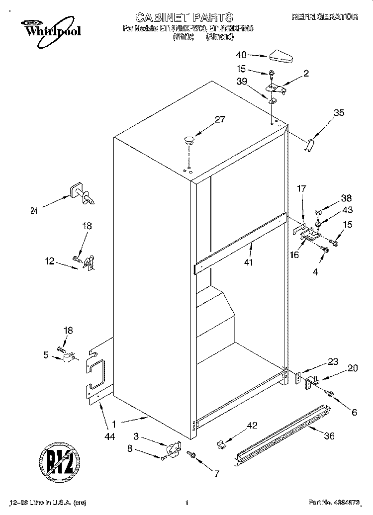 CABINET Diagram and Parts List for ET18NMXFW00  Whirlpool Refrigerator