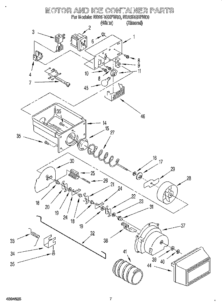 MOTOR AND ICE CONTAINER Diagram and Parts List for ED25RQXFW00  Whirlpool Refrigerator