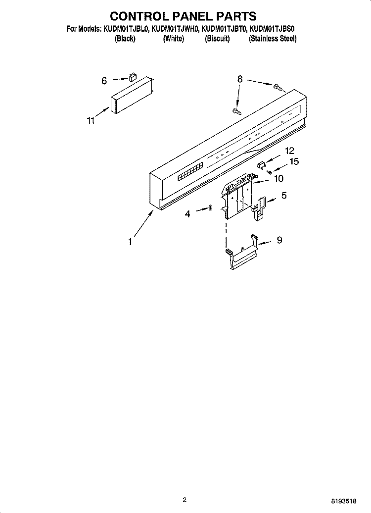 CONTROL PANEL PARTS Diagram and Parts List for  KitchenAid Dishwasher