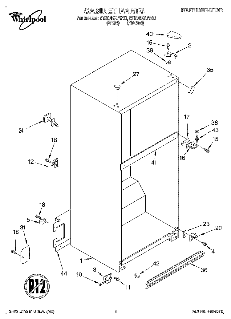 CABINET Diagram and Parts List for ET20NKXFN00  Whirlpool Refrigerator