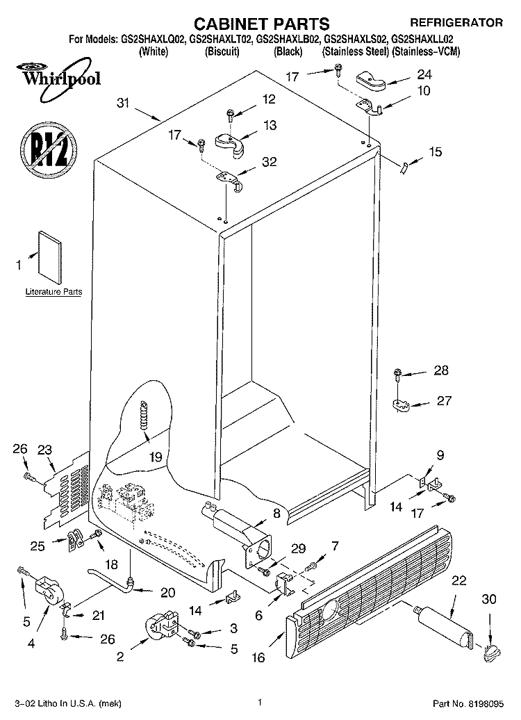 CABINET, LITERATURE Diagram and Parts List for GS2SHAXLB02  Whirlpool Refrigerator